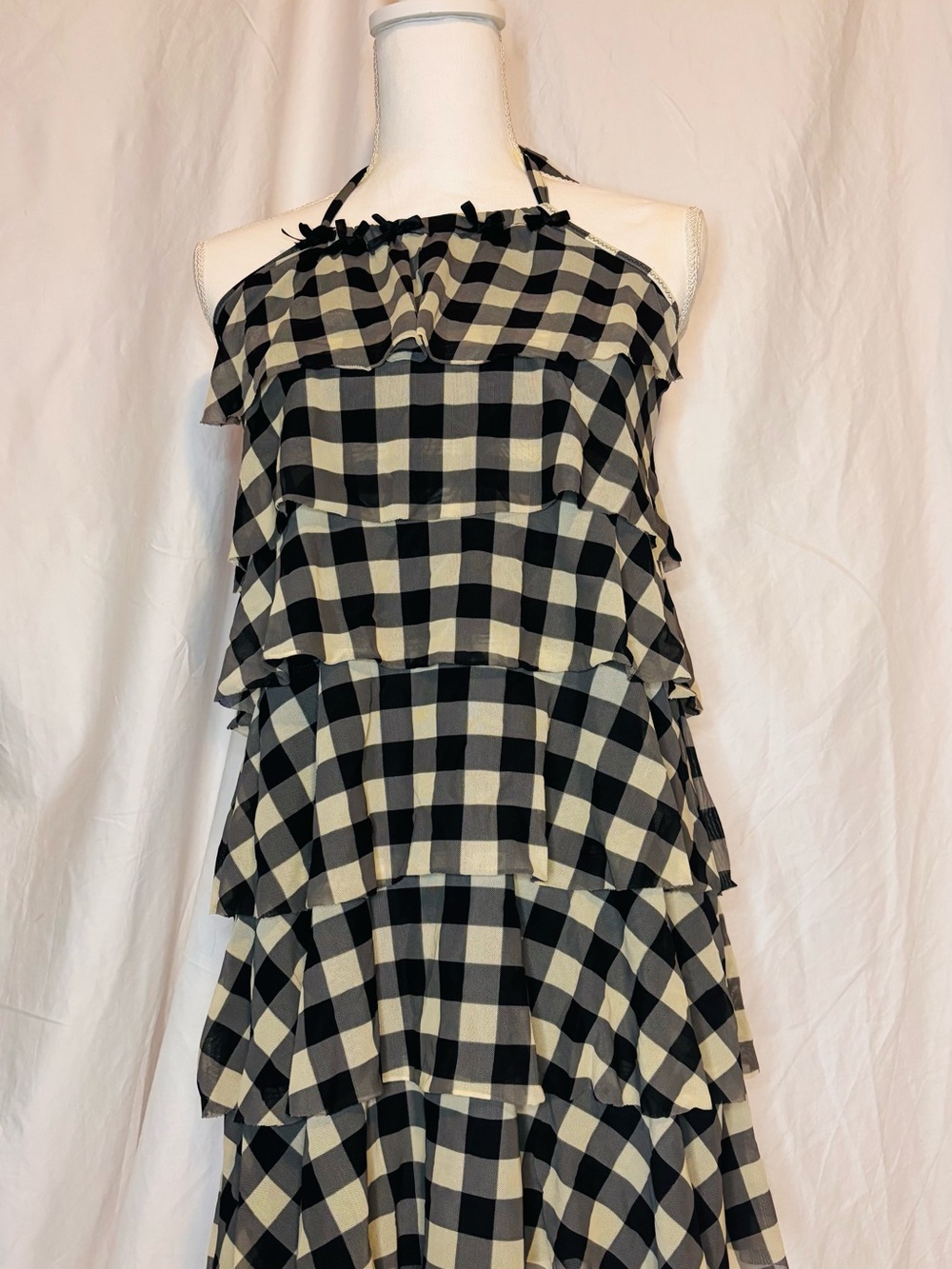 Vintage Y2K Betsey Johnson Gingham Tiered Halter Dress/Swim Cover up.